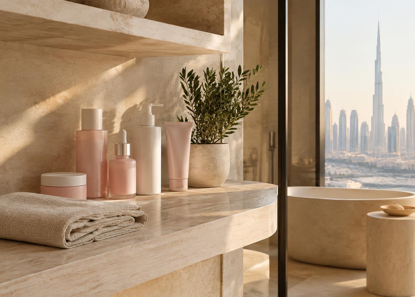 Skincare on a shelf overlooking Dubai